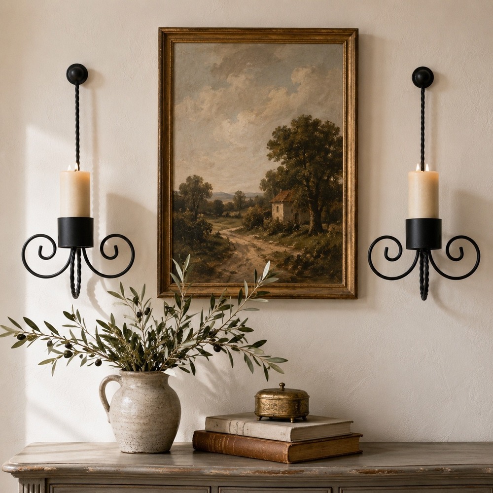 Vintage Wrought Iron Wall Sconces Black Scroll Candle Holders Pair Gothic